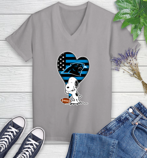 Carolina Panthers NFL Football The Peanuts Movie Adorable Snoopy Women's V-Neck T-Shirt 4