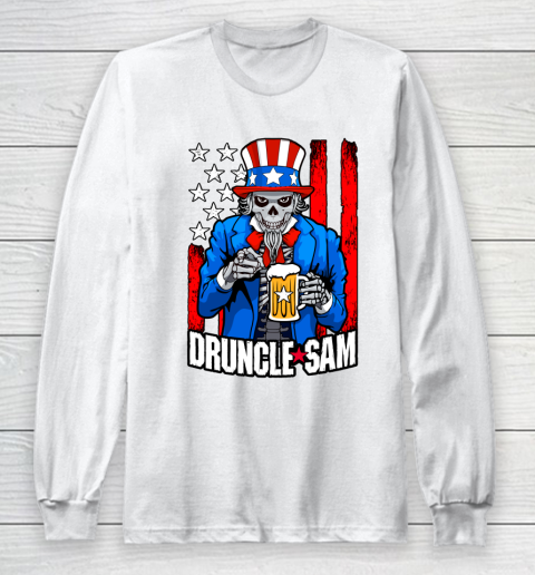 Beer Lover Funny Shirt Druncle Sam Skull Uncle 4th Of July Beer Drinker USA Flag Long Sleeve T-Shirt