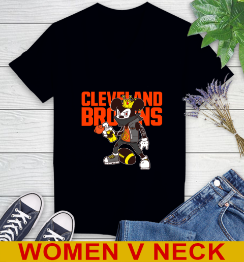 Cleveland Browns NFL Football Mickey Peace Sign Sports Women's V-Neck T-Shirt 2