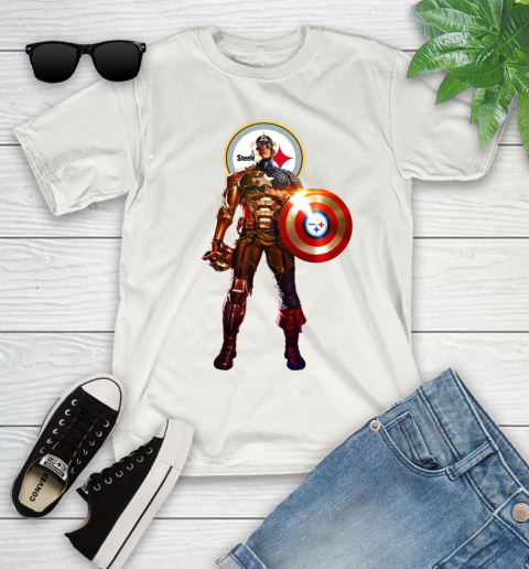 NFL Captain America Marvel Avengers Endgame Football Sports Pittsburgh Steelers Youth T-Shirt