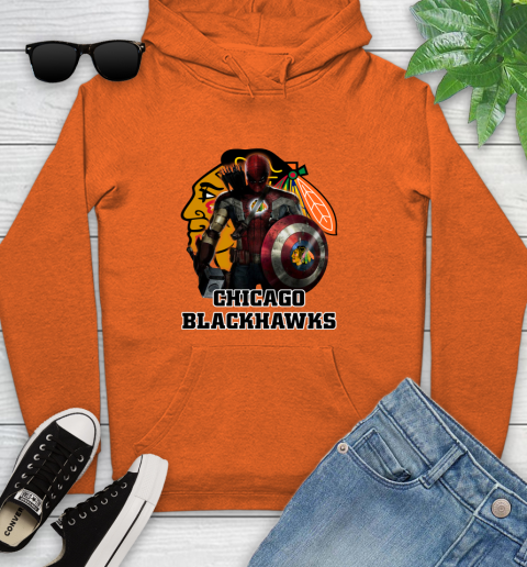NHL Captain America Thor Spider Man Hawkeye Avengers Endgame Hockey Chicago Blackhawks Youth Hoodie 5