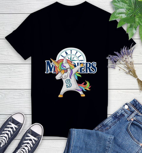 Seattle Mariners MLB Baseball Funny Unicorn Dabbing Sports Women's V-Neck T-Shirt 2