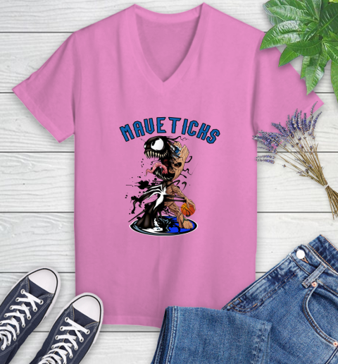 NBA Dallas Mavericks Basketball Venom Groot Guardians Of The Galaxy Women's V-Neck T-Shirt 14