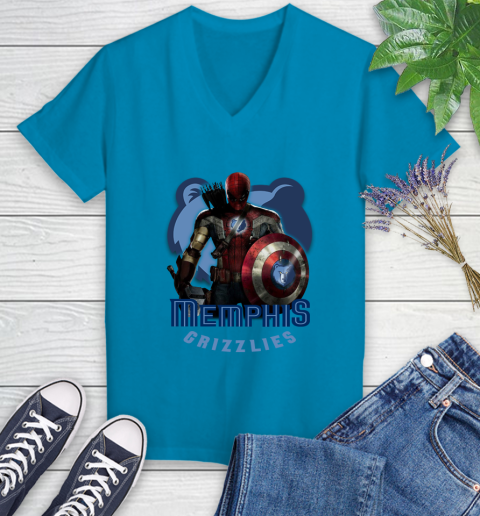 Memphis Grizzlies NBA Basketball Captain America Thor Spider Man Hawkeye Avengers Women's V-Neck T-Shirt 7