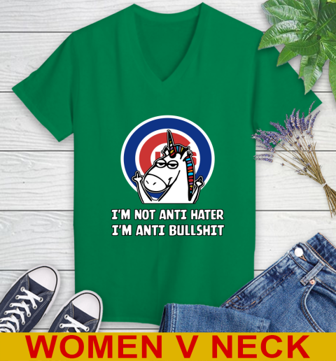 Chicago Cubs MLB Baseball Unicorn I'm Not Anti Hater I'm Anti Bullshit Women's V-Neck T-Shirt 6