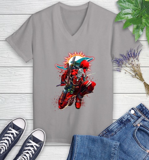 NFL Deadpool Marvel Comics Sports Football Miami Dolphins Women's V-Neck T-Shirt 4