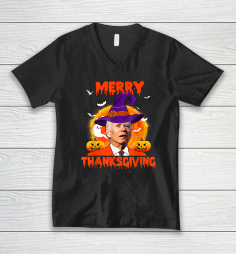 Funny Joe Biden Merry Thanksgiving Confused Happy Halloween V-Neck T-Shirt
