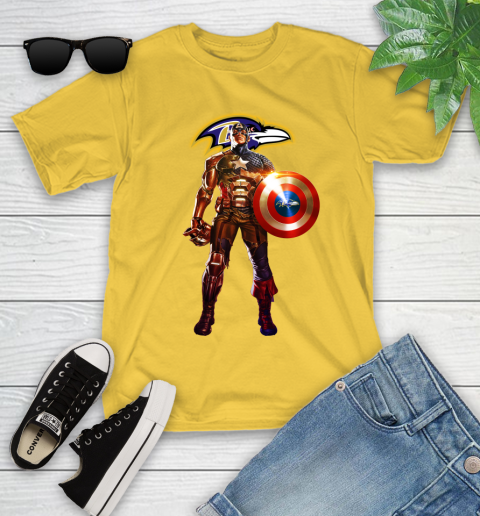 NFL Captain America Marvel Avengers Endgame Football Sports Baltimore Ravens Youth T-Shirt 8
