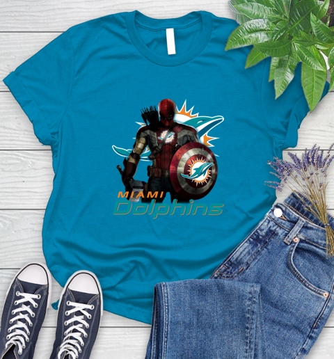 NFL Captain America Thor Spider Man Hawkeye Avengers Endgame Football Miami Dolphins Women's T-Shirt 7