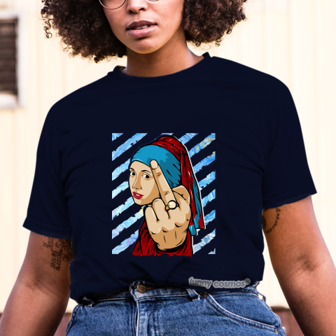 Air Jordan 1 UNC to CHI Matching Sneaker Tshirt The girl With The Pearl Earing Middle Finger Red and Blue Jordan Tshirt