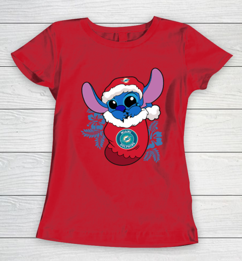 Miami Dolphins Christmas Stitch In The Sock Funny Disney NFL Women's T-Shirt 10