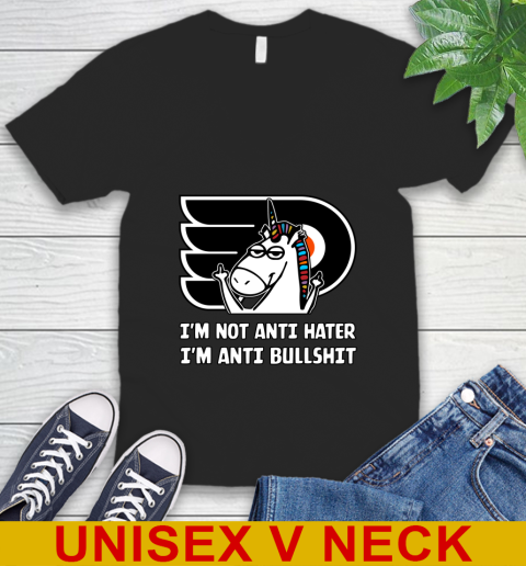 Philadelphia Flyers NHL Hockey Unicorn I'm Not Anti Hater I'm Anti Bullshit V-Neck T-Shirt 2