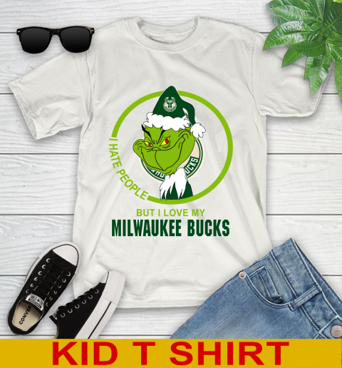 Milwaukee Bucks NBA Christmas Grinch I Hate People But I Love My Favorite Basketball Team Youth T-Shirt