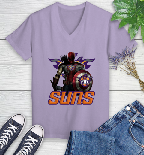 Phoenix Suns NBA Basketball Captain America Thor Spider Man Hawkeye Avengers Women's V-Neck T-Shirt 14