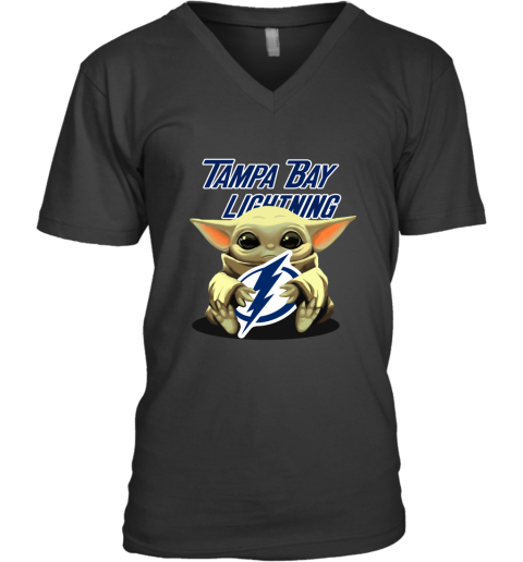 Baby Yoda Hugs The Tampa Bay Lightnings Ice Hockey V-Neck T-Shirt