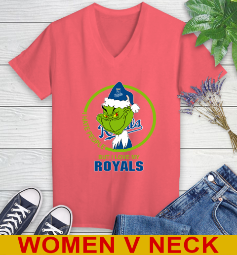 Kansas City Royals MLB Christmas Grinch I Hate People But I Love My Favorite Baseball Team Women's V-Neck T-Shirt 7