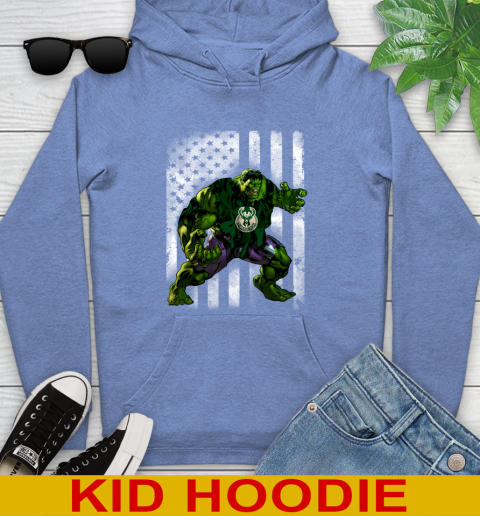 Milwaukee Bucks Hulk Marvel Avengers NBA Basketball American Flag Youth Hoodie 12