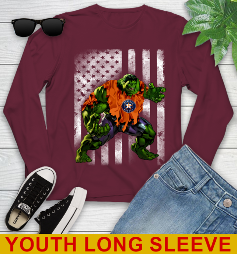 Houston Astros Hulk Marvel Avengers MLB Baseball American Flag Youth Long Sleeve - Image 7