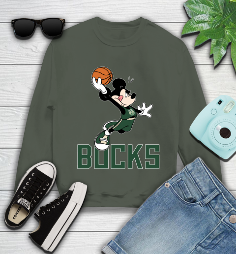 NBA Basketball Milwaukee Bucks Cheerful Mickey Mouse Shirt Youth Sweatshirt 9