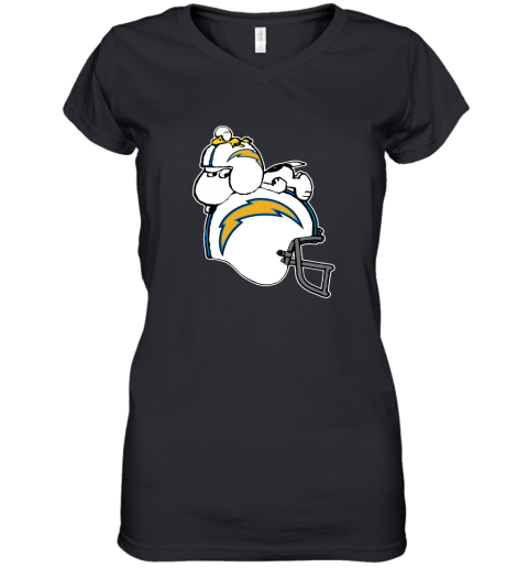 Snoopy And Woodstock Resting On Los Angeles Chargers Helmet Women's V-Neck T-Shirt