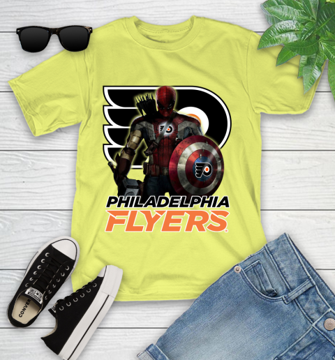 NHL Captain America Thor Spider Man Hawkeye Avengers Endgame Hockey Philadelphia Flyers Youth T-Shirt 8