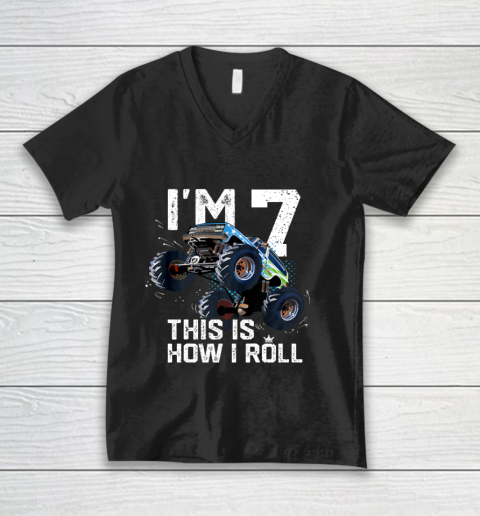 Kids I'm 7 This is How I Roll Monster Truck 7th Birthday Boy Gift 7 Year Old V-Neck T-Shirt