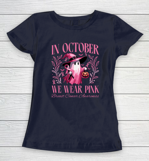 In October We Wear Pink Witch Ghost Pumpkin Breast Cancer Women's T-Shirt 2