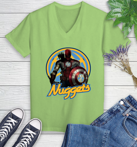 Denver Nuggets NBA Basketball Captain America Thor Spider Man Hawkeye Avengers Women's V-Neck T-Shirt 11