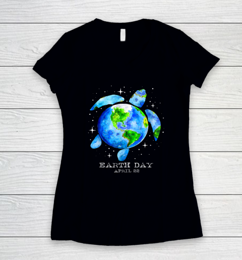Earth Day Shirt Restore Earth Sea Turtle Art Save the Planet Women's V-Neck T-Shirt