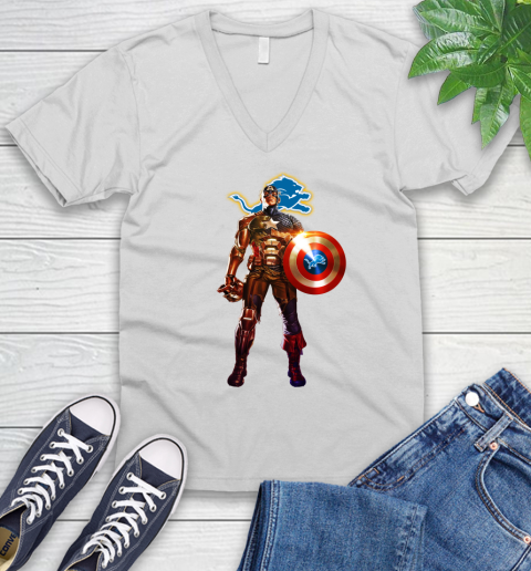 NFL Captain America Marvel Avengers Endgame Football Sports Detroit Lions V-Neck T-Shirt