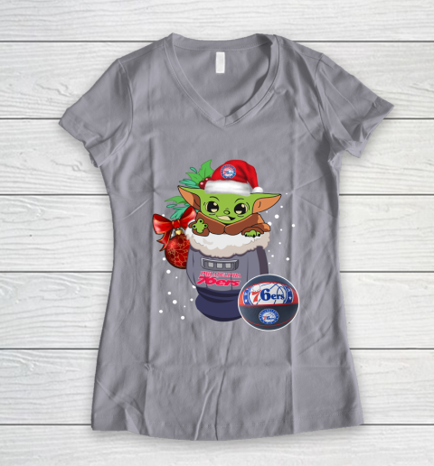 Philadelphia 76ers Christmas Baby Yoda Star Wars Funny Happy NBA Women's V-Neck T-Shirt 4