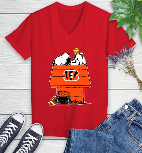 Cincinnati Bengals NFL Football Snoopy Woodstock The Peanuts Movie Women's V-Neck T-Shirt 12