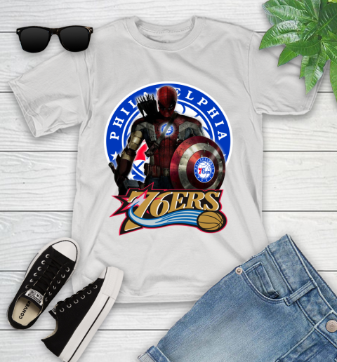Philadelphia 76ers NBA Basketball Captain America Thor Spider Man Hawkeye Avengers (1) Youth T-Shirt