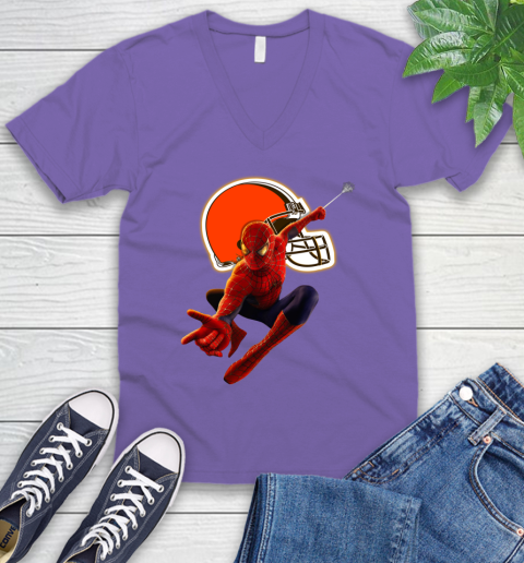 NFL Spider Man Avengers Endgame Football Cleveland Browns V-Neck T-Shirt 9