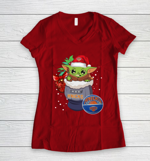 New York Knicks Christmas Baby Yoda Star Wars Funny Happy NBA Women's V-Neck T-Shirt 10