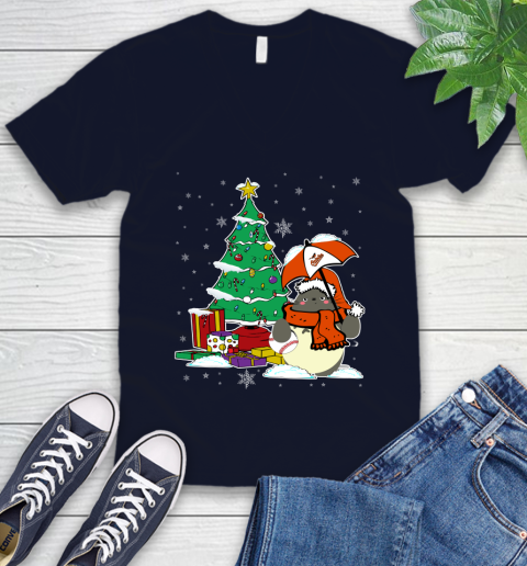Baltimore Orioles MLB Baseball Cute Tonari No Totoro Christmas Sports V-Neck T-Shirt 2