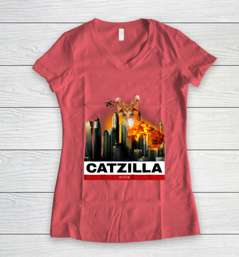CATZILLA  Funny Kitty Tshirt for Cat lovers to Halloween Women's V-Neck T-Shirt 4