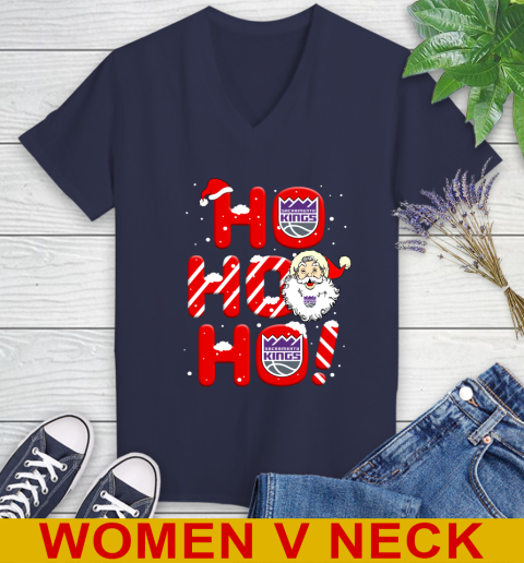 Sacramento Kings NBA Basketball Ho Ho Ho Santa Claus Merry Christmas Shirt Women's V-Neck T-Shirt 12