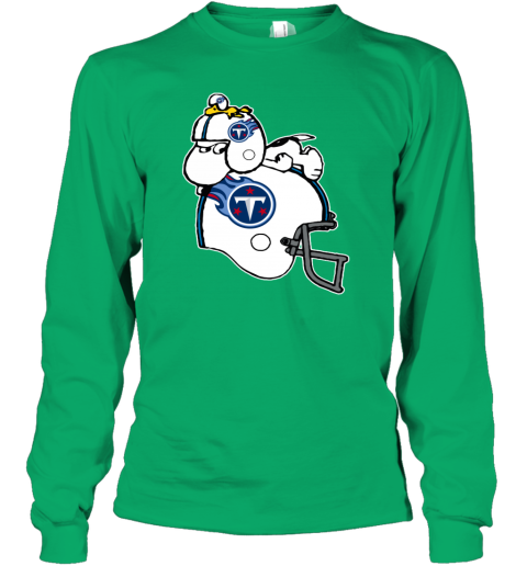 Snoopy And Woodstock Resting On Tennessee Titans Helmet pjon snoopy and woodstock resting on tennessee titans helmet youth long sleeve 50 front irish green
