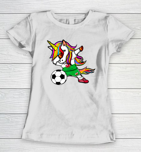 Funny Dabbing Unicorn Wales Football Welsh Flag Soccer Women's T-Shirt