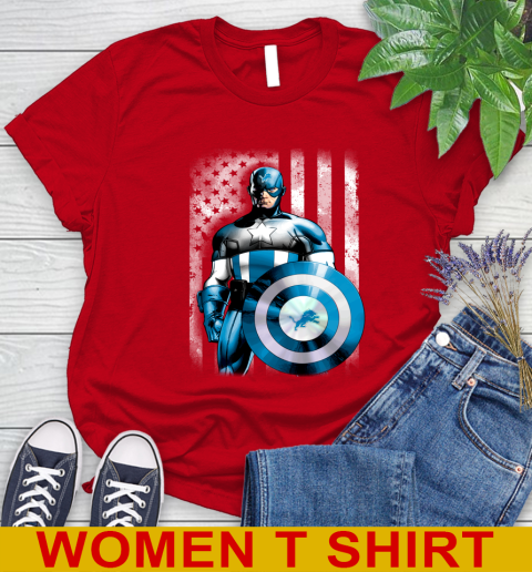 Detroit Lions NFL Football Captain America Marvel Avengers American Flag Shirt Women's T-Shirt 11