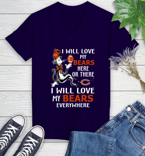NFL Football Chicago Bears I Will Love My Bears Everywhere Dr Seuss Shirt Women's V-Neck T-Shirt 3