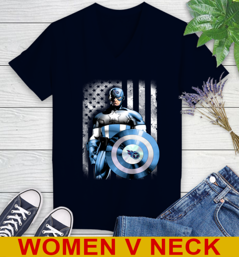 Tennessee Titans NFL Football Captain America Marvel Avengers American Flag Shirt Women's V-Neck T-Shirt 2