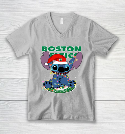 Boston Celtics NBA noel stitch Basketball Christmas V-Neck T-Shirt 2