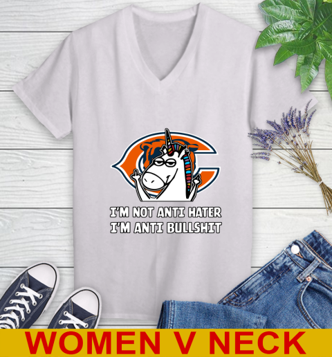 Chicago Bears NFL Football Unicorn I'm Not Anti Hater I'm Anti Bullshit Women's V-Neck T-Shirt