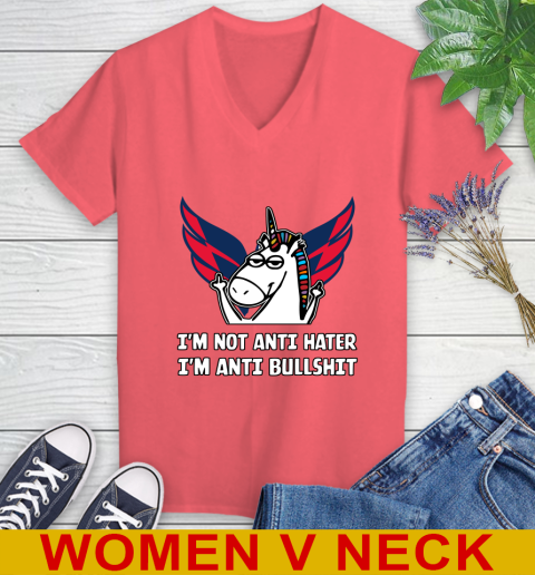 Washington Capitals NHL Hockey Unicorn I'm Not Anti Hater I'm Anti Bullshit Women's V-Neck T-Shirt 7