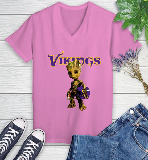 Minnesota Vikings NFL Football Groot Marvel Guardians Of The Galaxy Women's V-Neck T-Shirt 14