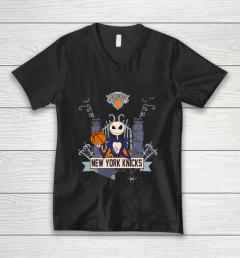 NBA New York Knicks Basketball Jack Skellington Halloween V-Neck T-Shirt