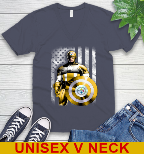 Pittsburgh Steelers NFL Football Captain America Marvel Avengers American Flag Shirt V-Neck T-Shirt 7