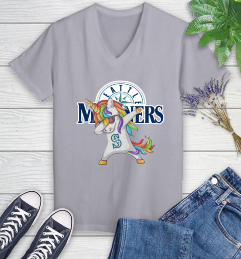 Seattle Mariners MLB Baseball Funny Unicorn Dabbing Sports Women's V-Neck T-Shirt 4